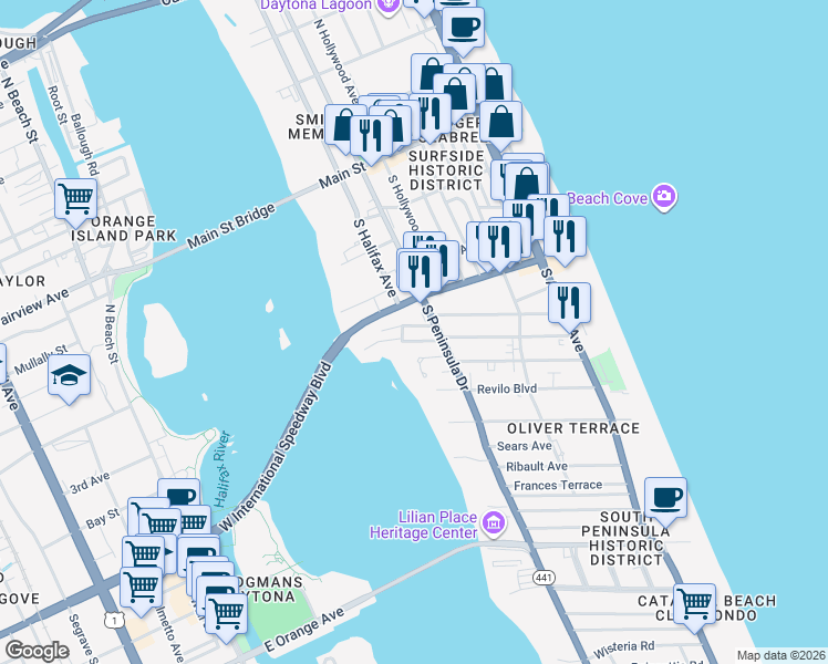 map of restaurants, bars, coffee shops, grocery stores, and more near 316 South Peninsula Drive in Daytona Beach