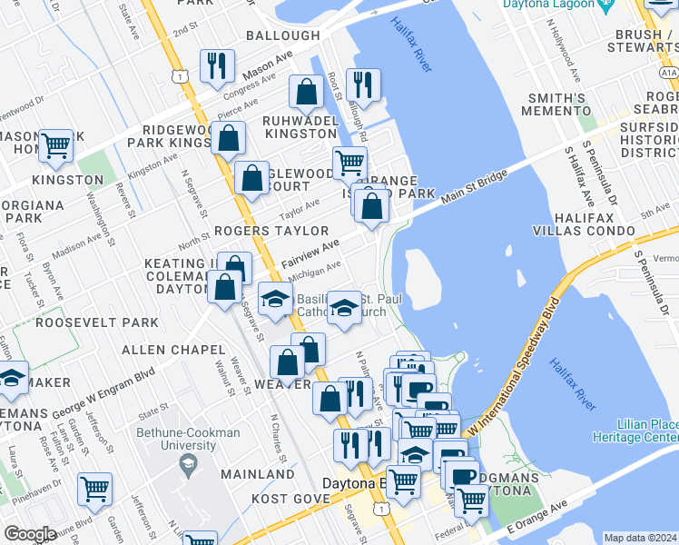 map of restaurants, bars, coffee shops, grocery stores, and more near 129 Michigan Avenue in Daytona Beach