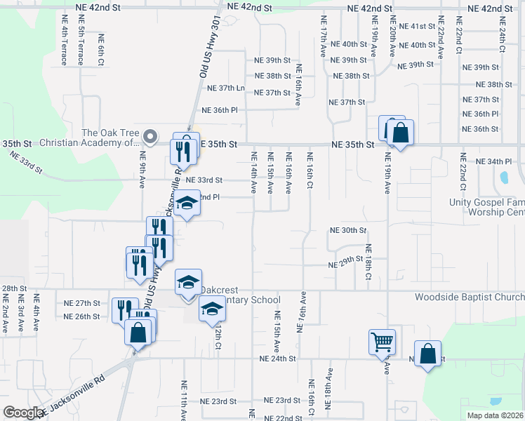 map of restaurants, bars, coffee shops, grocery stores, and more near 3210 Northeast 15th Avenue in Ocala
