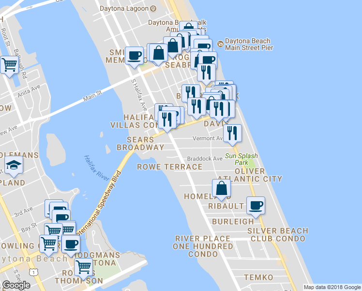 map of restaurants, bars, coffee shops, grocery stores, and more near 307 Goodall Avenue in Daytona Beach