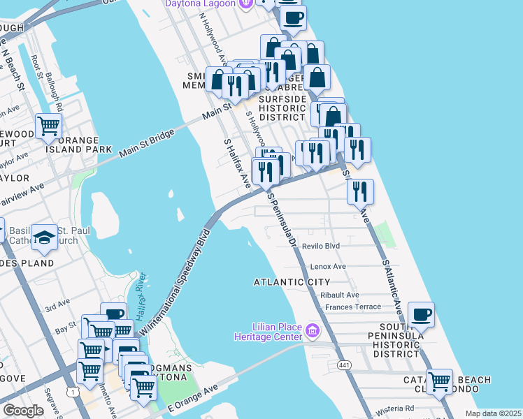 map of restaurants, bars, coffee shops, grocery stores, and more near 316 South Peninsula Drive in Daytona Beach