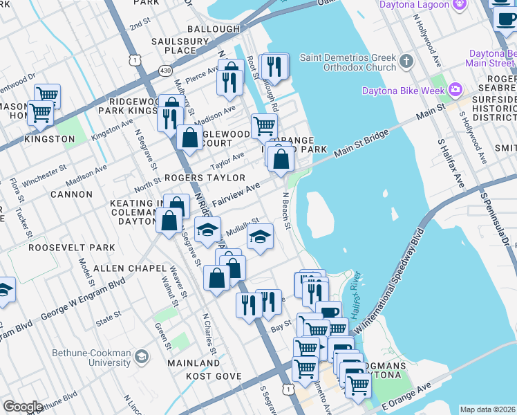 map of restaurants, bars, coffee shops, grocery stores, and more near 129 Michigan Avenue in Daytona Beach