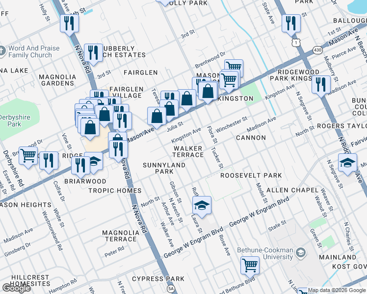 map of restaurants, bars, coffee shops, grocery stores, and more near 841 Kingston Avenue in Daytona Beach