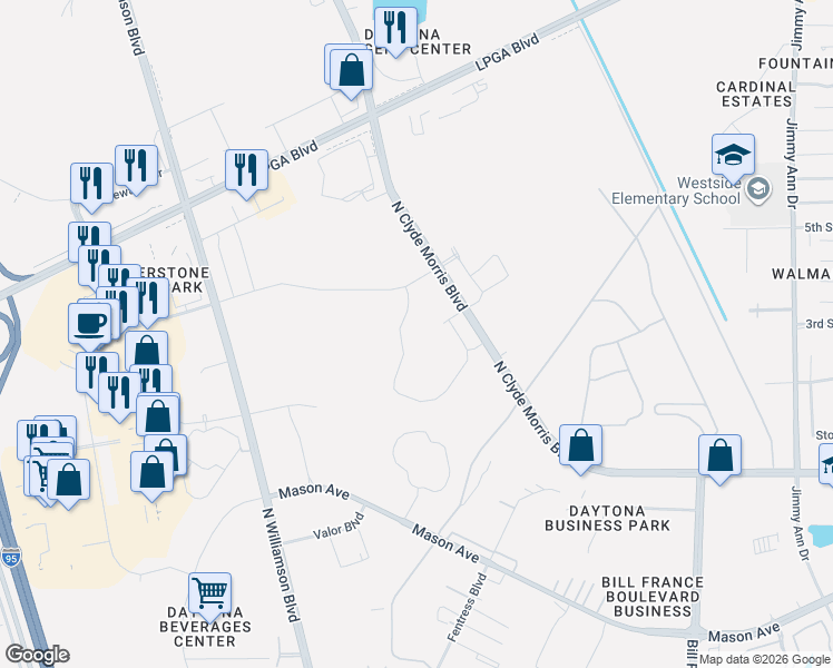 map of restaurants, bars, coffee shops, grocery stores, and more near 1321 North Williamson Boulevard in Daytona Beach