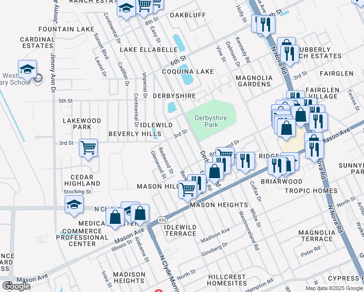 map of restaurants, bars, coffee shops, grocery stores, and more near 943 Essex Road in Daytona Beach