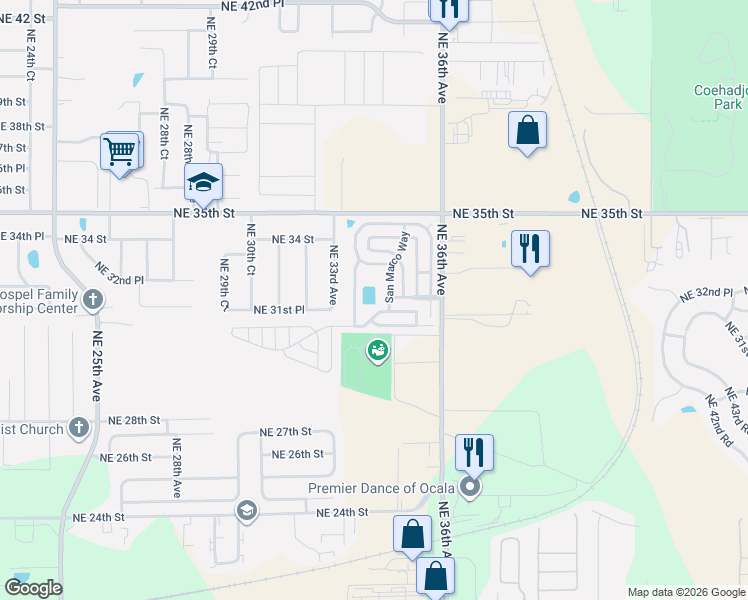 map of restaurants, bars, coffee shops, grocery stores, and more near 3150 Northeast 36th Avenue in Ocala