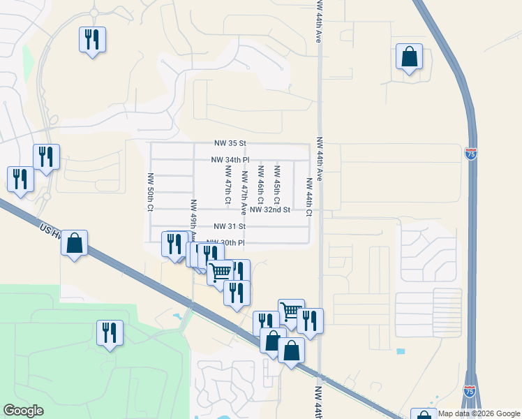 map of restaurants, bars, coffee shops, grocery stores, and more near 3205 Northwest 46th Court in Ocala