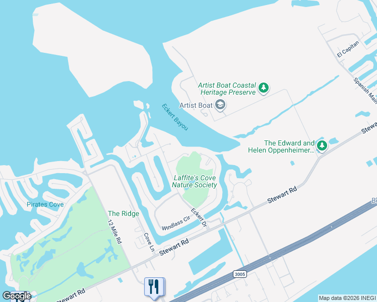 map of restaurants, bars, coffee shops, grocery stores, and more near 13415 Jibstay Court in Galveston
