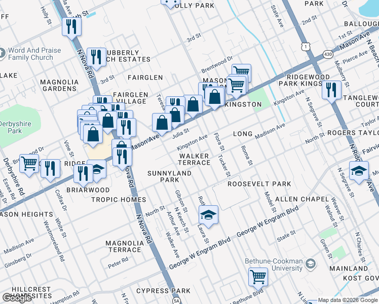 map of restaurants, bars, coffee shops, grocery stores, and more near 841 Kingston Avenue in Daytona Beach