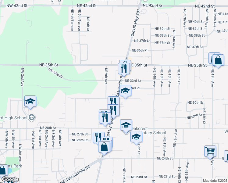 map of restaurants, bars, coffee shops, grocery stores, and more near 3132 Northeast Jacksonville Road in Ocala