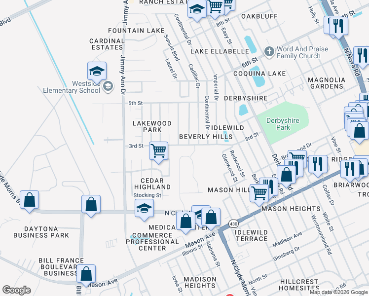 map of restaurants, bars, coffee shops, grocery stores, and more near in Daytona Beach