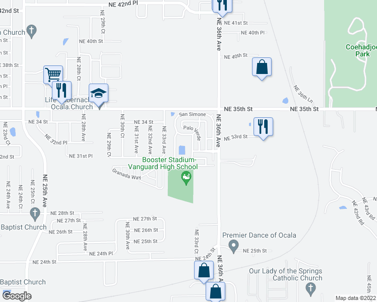 map of restaurants, bars, coffee shops, grocery stores, and more near 3150 Northeast 36th Avenue Road in Ocala