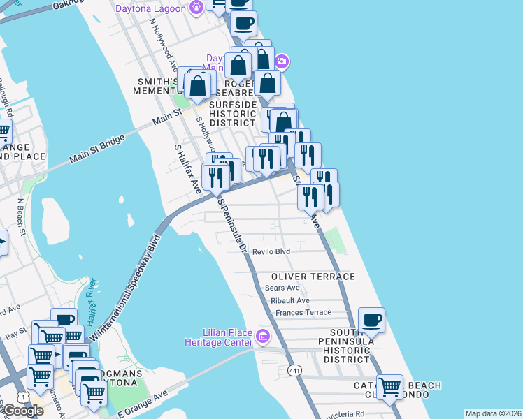 map of restaurants, bars, coffee shops, grocery stores, and more near 500 Vermont Avenue in Daytona Beach