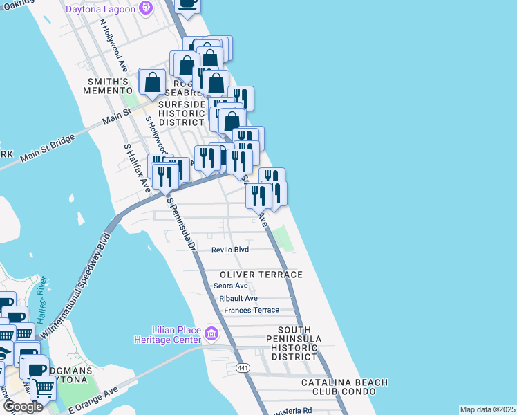 map of restaurants, bars, coffee shops, grocery stores, and more near 435 South Atlantic Avenue in Daytona Beach