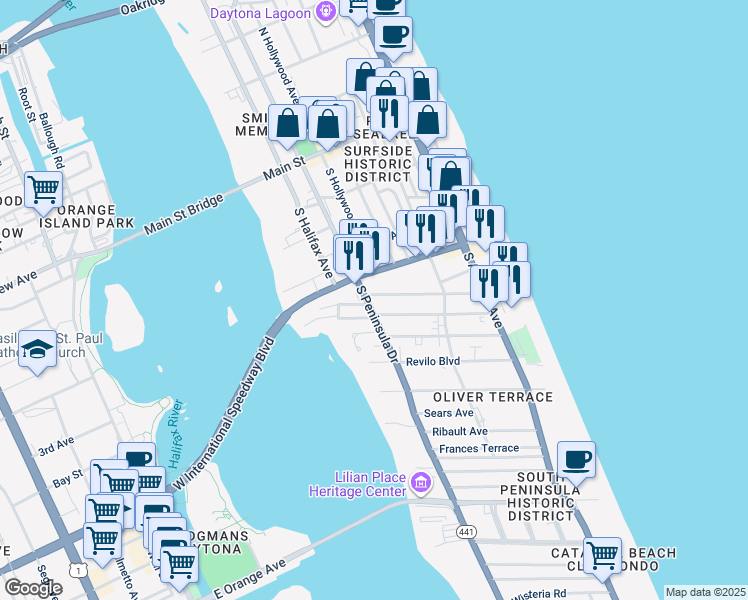 map of restaurants, bars, coffee shops, grocery stores, and more near 302 Vermont Avenue in Daytona Beach