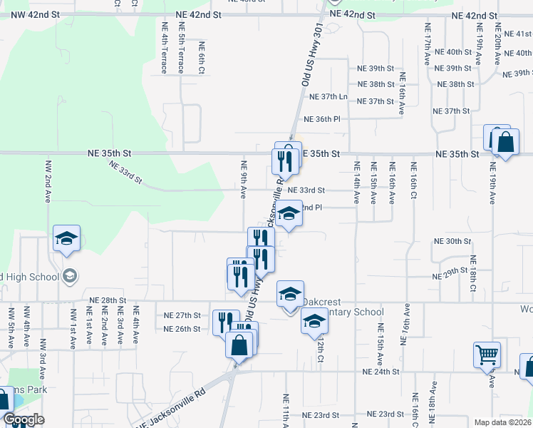 map of restaurants, bars, coffee shops, grocery stores, and more near 3132 Northeast Jacksonville Road in Ocala