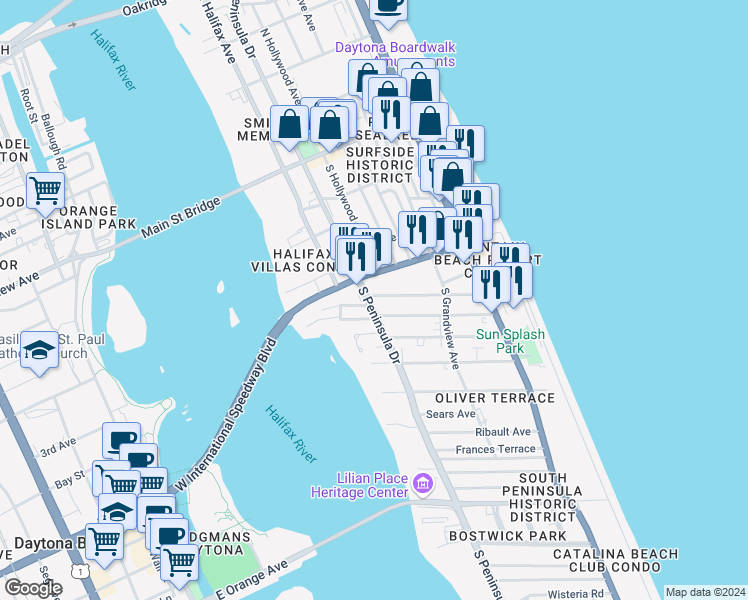 map of restaurants, bars, coffee shops, grocery stores, and more near 302 Vermont Avenue in Daytona Beach