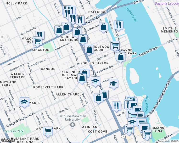 map of restaurants, bars, coffee shops, grocery stores, and more near 315 Cottrill Street in Daytona Beach