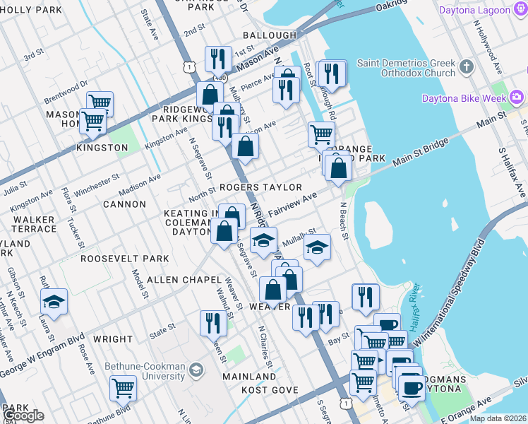 map of restaurants, bars, coffee shops, grocery stores, and more near 228 Fairview Avenue in Daytona Beach