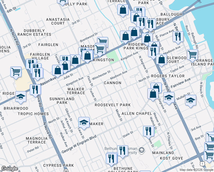 map of restaurants, bars, coffee shops, grocery stores, and more near 626 Cannon Street in Daytona Beach
