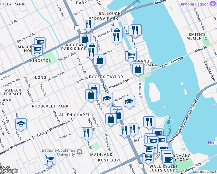 map of restaurants, bars, coffee shops, grocery stores, and more near 232 Fairview Avenue in Daytona Beach