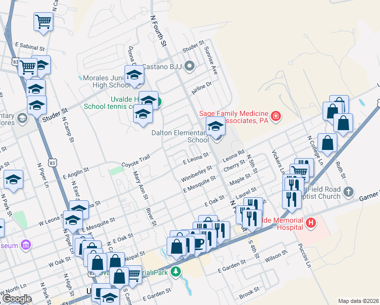 map of restaurants, bars, coffee shops, grocery stores, and more near 17 East Leona Street in Uvalde