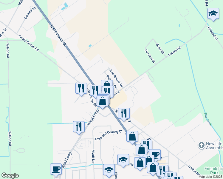 map of restaurants, bars, coffee shops, grocery stores, and more near 205 Farm to Market Road 2765 in El Campo