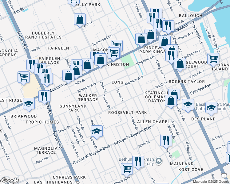 map of restaurants, bars, coffee shops, grocery stores, and more near 711 Madison Avenue in Daytona Beach