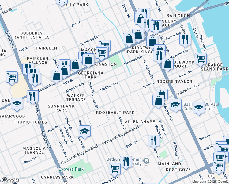 map of restaurants, bars, coffee shops, grocery stores, and more near 626 Cannon Street in Daytona Beach