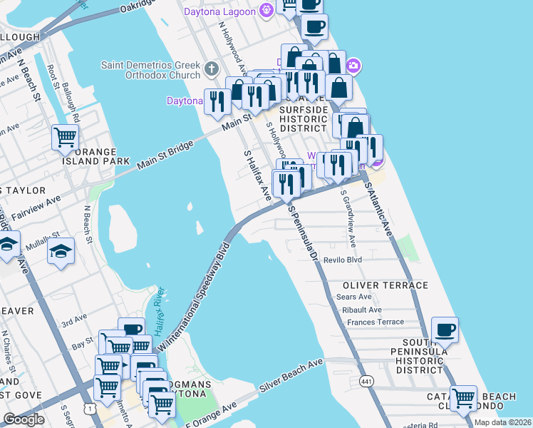 map of restaurants, bars, coffee shops, grocery stores, and more near 174 East International Speedway Boulevard in Daytona Beach