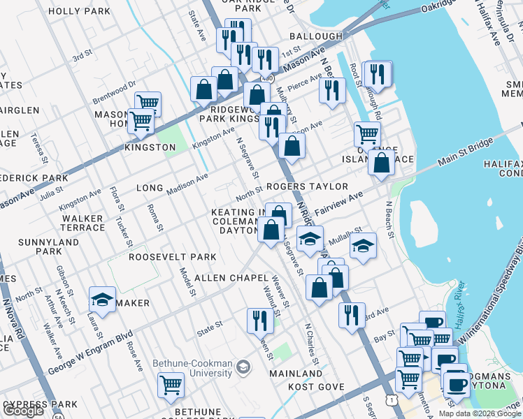 map of restaurants, bars, coffee shops, grocery stores, and more near 532 North Segrave Street in Daytona Beach