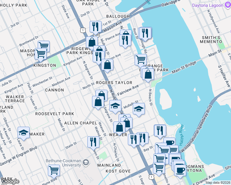 map of restaurants, bars, coffee shops, grocery stores, and more near 228 Fairview Avenue in Daytona Beach