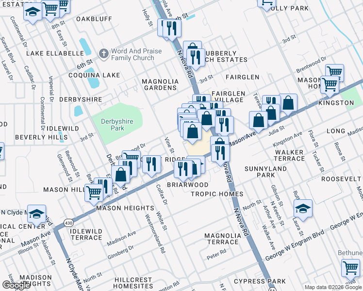 map of restaurants, bars, coffee shops, grocery stores, and more near 1049 Brentwood Drive in Daytona Beach