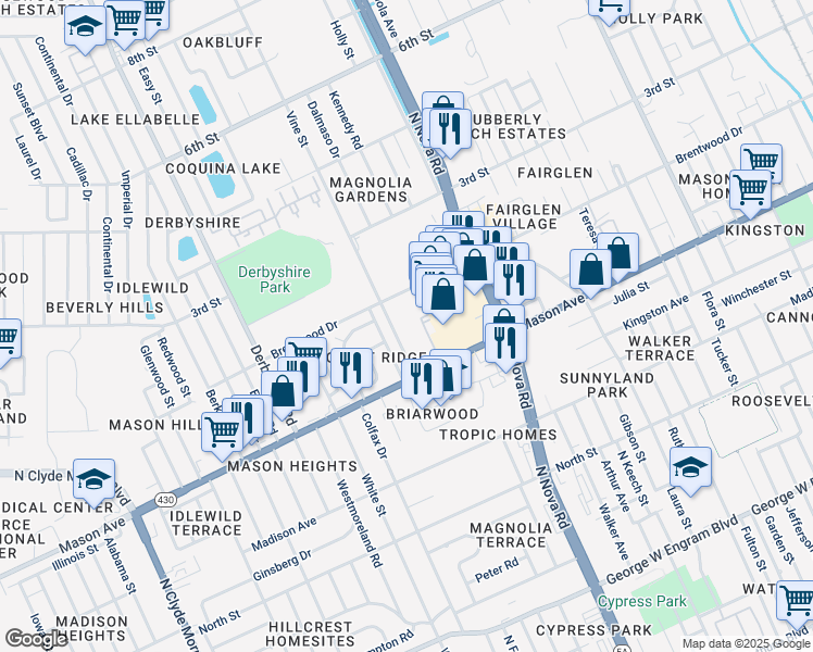 map of restaurants, bars, coffee shops, grocery stores, and more near 1049 Brentwood Drive in Daytona Beach