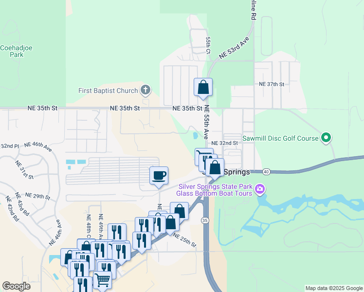 map of restaurants, bars, coffee shops, grocery stores, and more near in Silver Springs