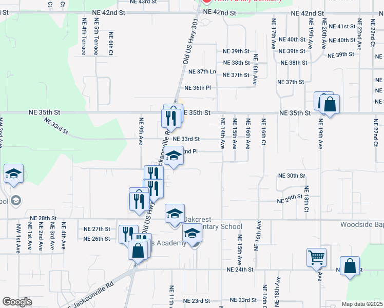 map of restaurants, bars, coffee shops, grocery stores, and more near 1212 Northeast 32nd Place in Ocala