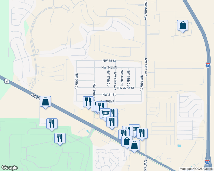 map of restaurants, bars, coffee shops, grocery stores, and more near 4801 Northwest 32nd Street in Ocala