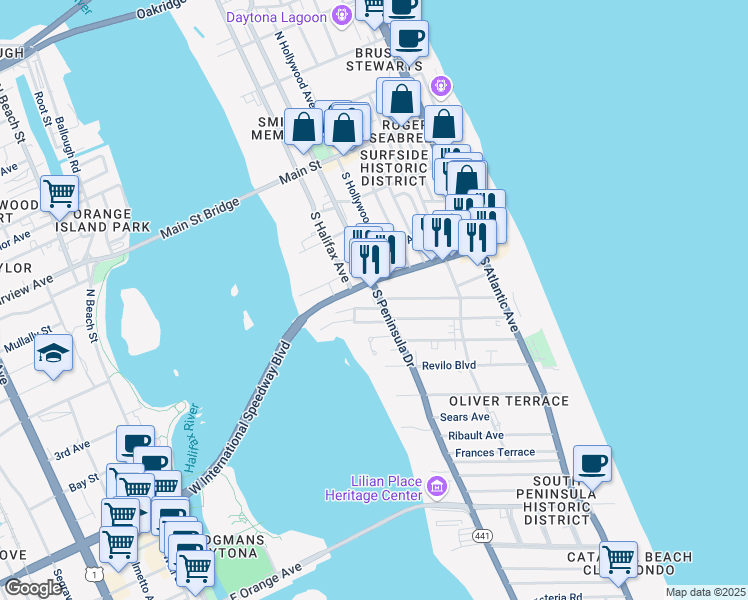 map of restaurants, bars, coffee shops, grocery stores, and more near 316 South Peninsula Drive in Daytona Beach