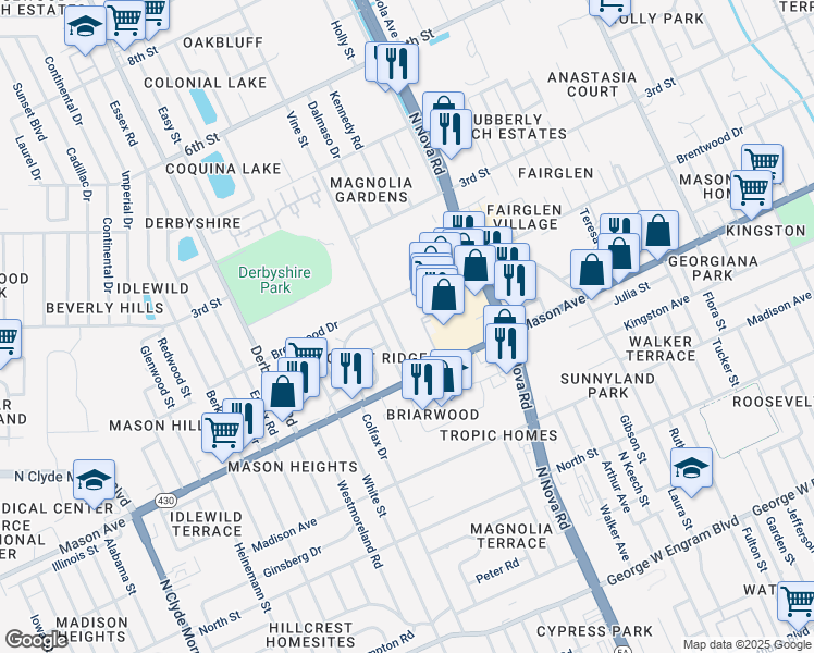 map of restaurants, bars, coffee shops, grocery stores, and more near 1049 Brentwood Drive in Daytona Beach