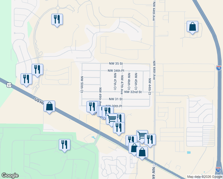 map of restaurants, bars, coffee shops, grocery stores, and more near 4801 Northwest 32nd Street in Ocala