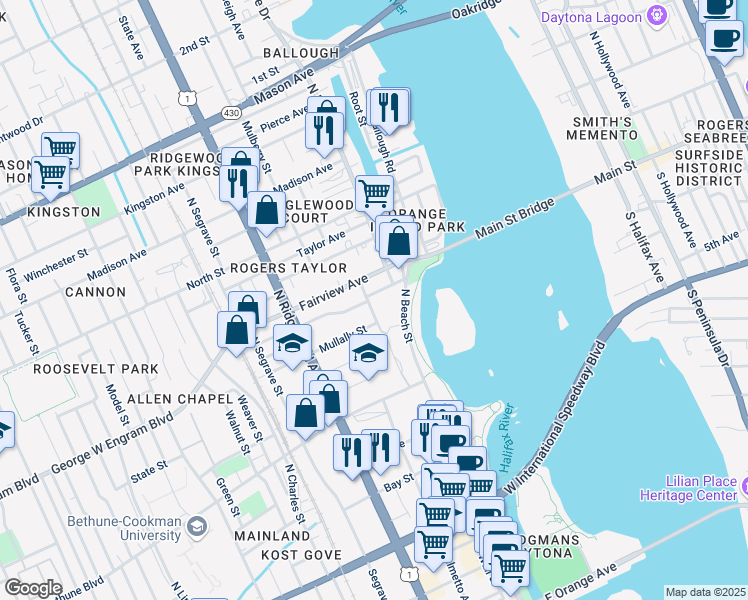map of restaurants, bars, coffee shops, grocery stores, and more near 129 Michigan Avenue in Daytona Beach