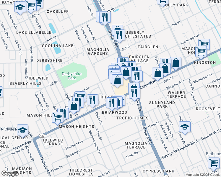 map of restaurants, bars, coffee shops, grocery stores, and more near 1049 Brentwood Drive in Daytona Beach