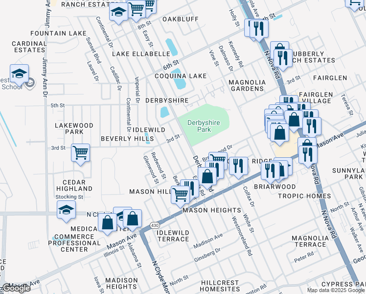map of restaurants, bars, coffee shops, grocery stores, and more near 943 Essex Road in Daytona Beach
