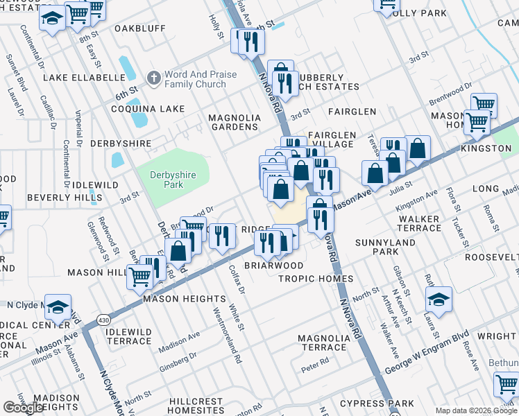 map of restaurants, bars, coffee shops, grocery stores, and more near 1049 Brentwood Drive in Daytona Beach