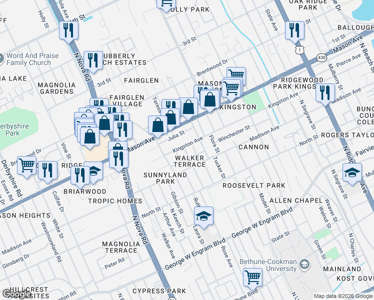 map of restaurants, bars, coffee shops, grocery stores, and more near 841 Kingston Avenue in Daytona Beach