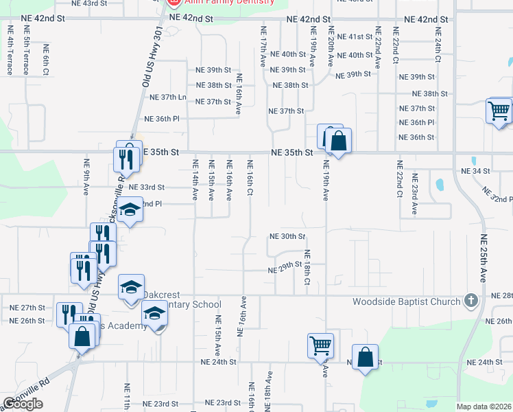 map of restaurants, bars, coffee shops, grocery stores, and more near 3229 Northeast 16th Court in Ocala