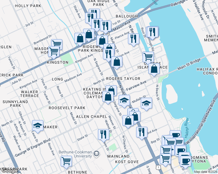 map of restaurants, bars, coffee shops, grocery stores, and more near 532 North Segrave Street in Daytona Beach