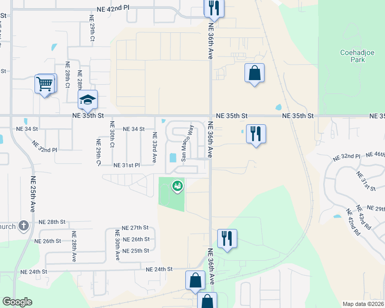 map of restaurants, bars, coffee shops, grocery stores, and more near 3150 Northeast 36th Avenue in Ocala