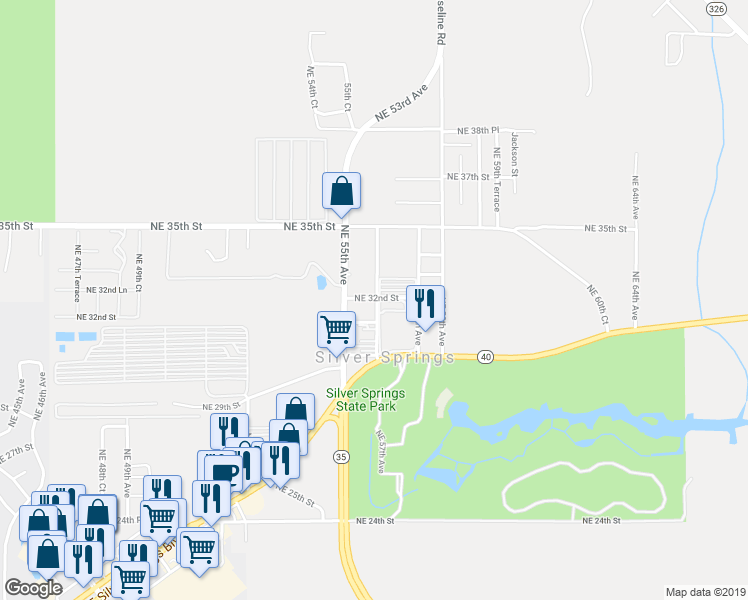 map of restaurants, bars, coffee shops, grocery stores, and more near 20 Northeast 32nd Street in Silver Springs