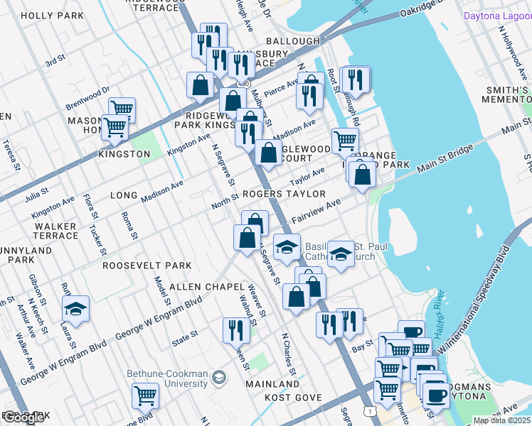 map of restaurants, bars, coffee shops, grocery stores, and more near 315 Cottrill Street in Daytona Beach
